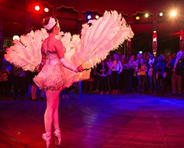 Entertainment A dancer wearing feathers and sequins stands stage left looking out into an amphitheatre.